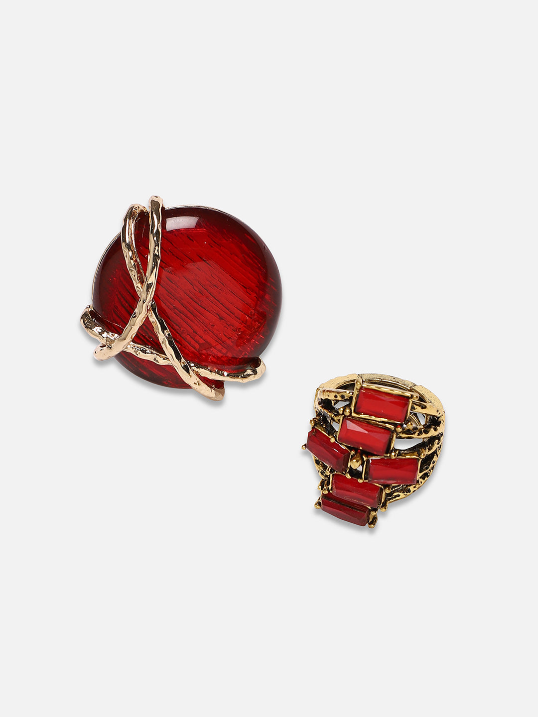 Set Of 2 Gold-Plated Stone-Studded Adjustable Finger Ring