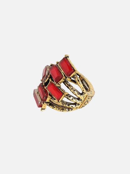 Set Of 2 Gold-Plated Stone-Studded Adjustable Finger Ring