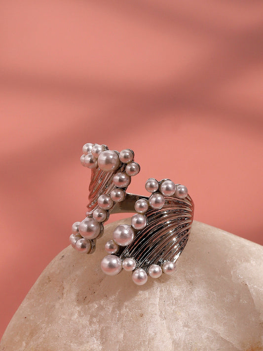 Silver-Plated Beads-Studded Adjustable Finger Ring