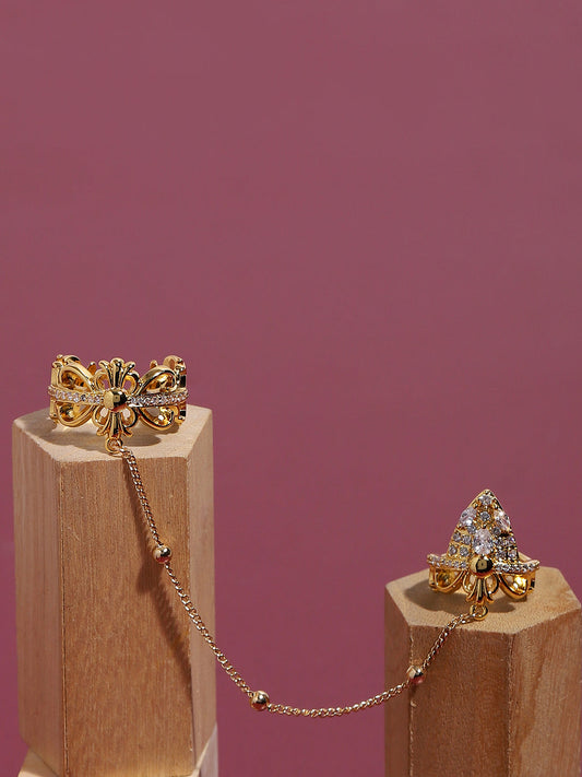 Gold-Plated Stone-Studded Adjustable Chain Linked Finger Ring