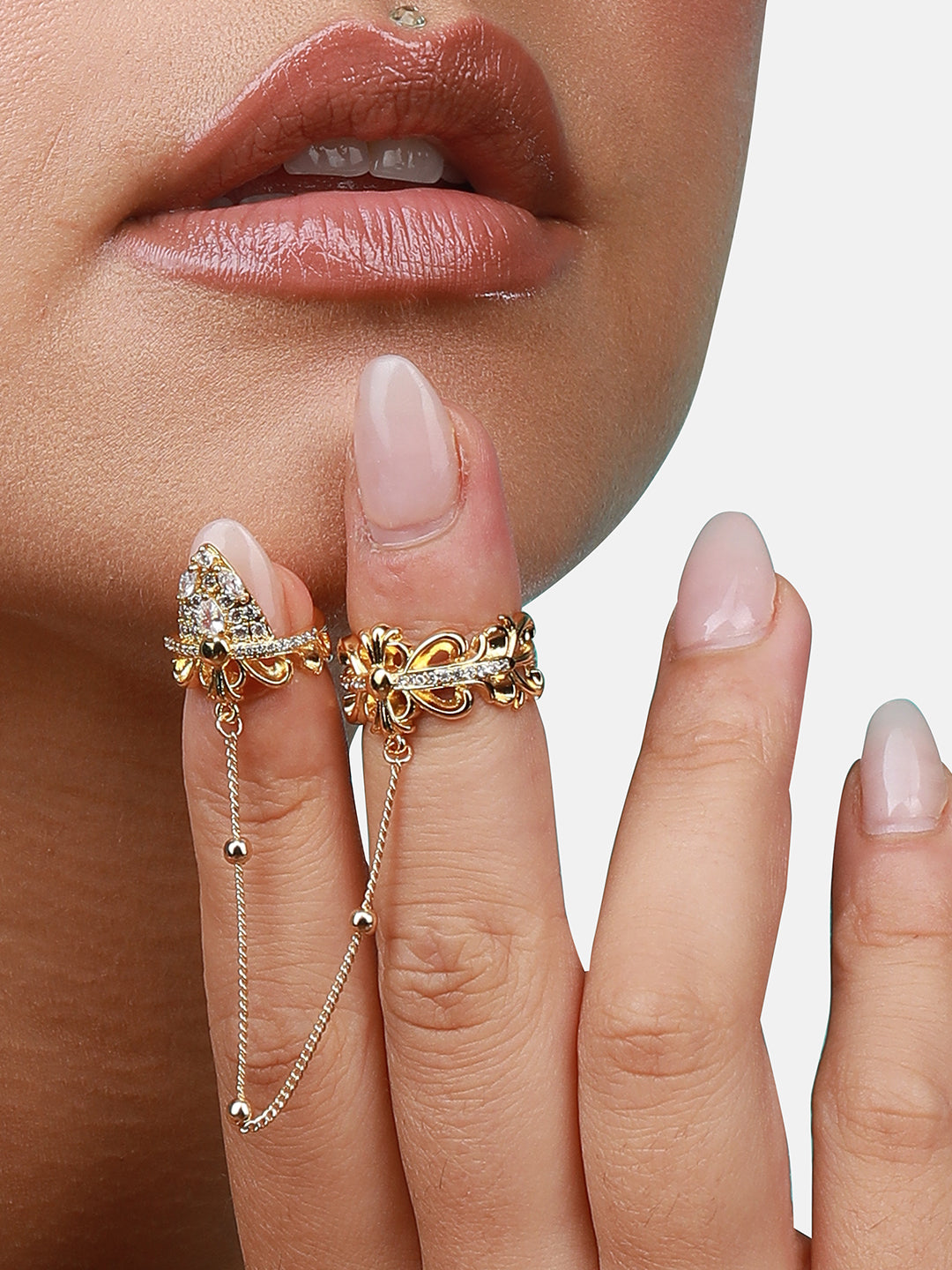 Gold-Plated Stone-Studded Adjustable Chain Linked Finger Ring