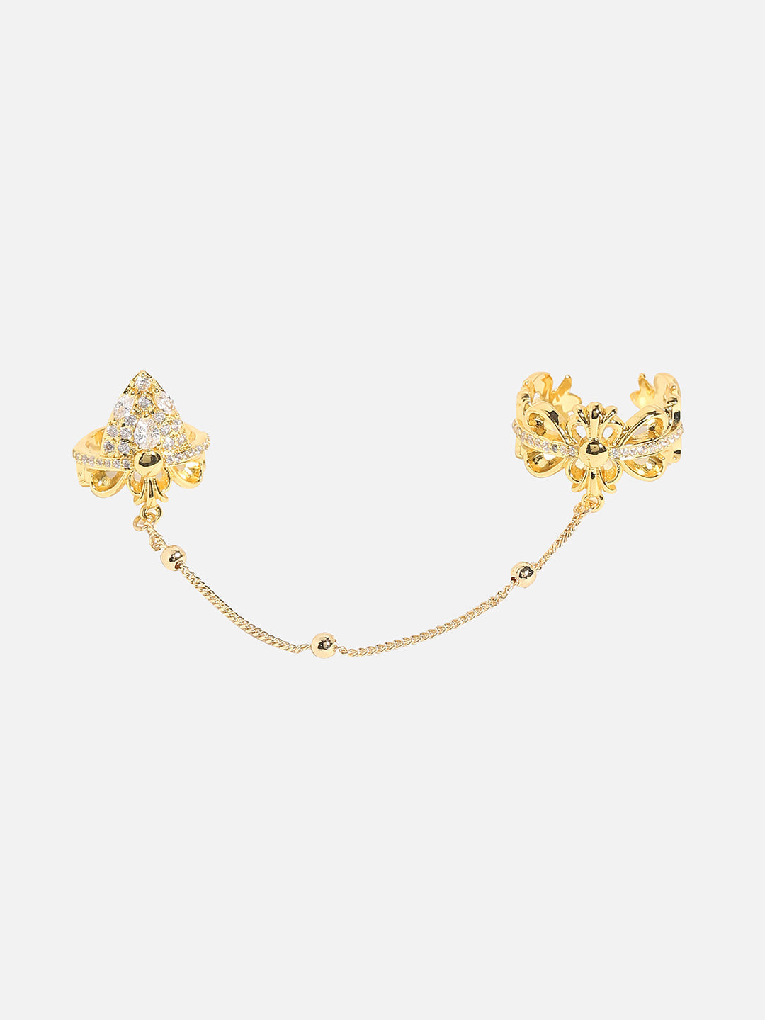 Gold-Plated Stone-Studded Adjustable Chain Linked Finger Ring