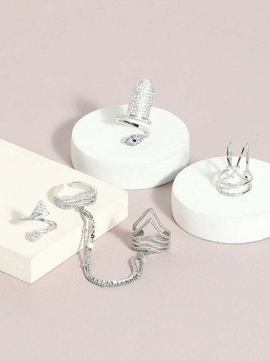 Silver-Plated Stone-Studded Adjustable Chain Linked Finger Ring