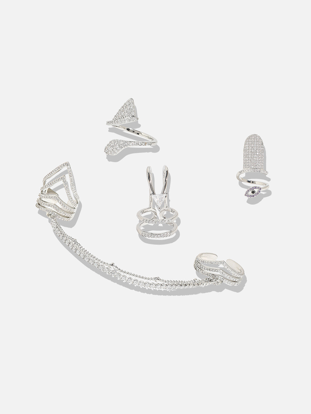 Silver-Plated Stone-Studded Adjustable Chain Linked Finger Ring