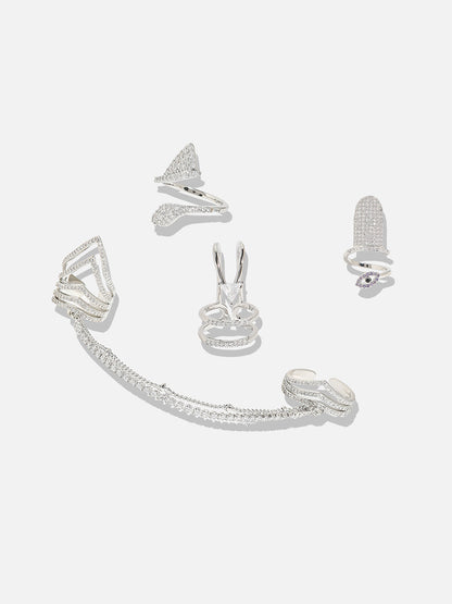 Silver-Plated Stone-Studded Adjustable Chain Linked Finger Ring
