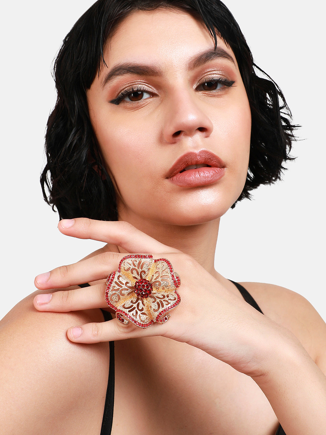 Gold Plated Stone Work Flower Ring