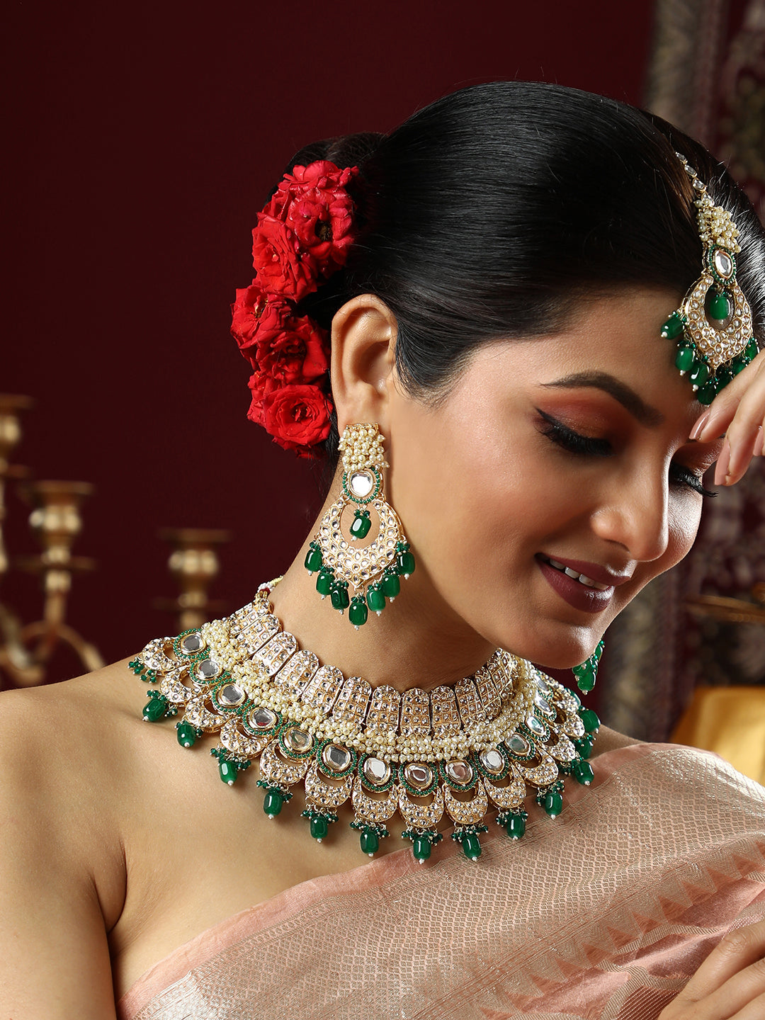 The Roshanara Jewellery Set - Emerald Green-SOHNCK1542