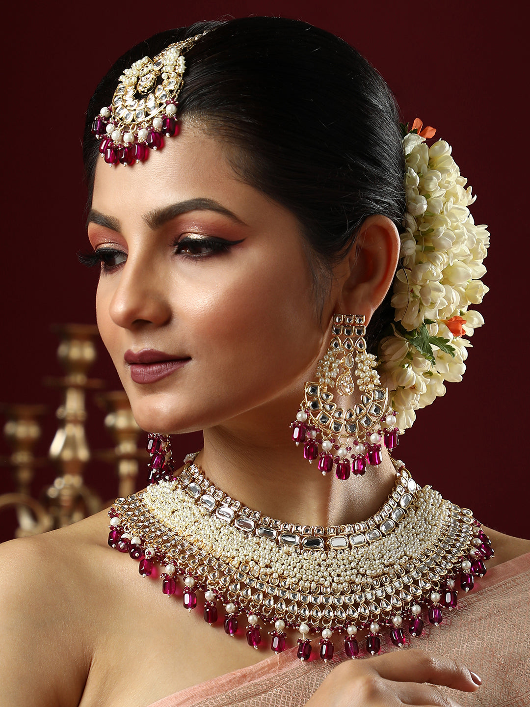 The Naila Jewellery Set - Magenta Pink-SOHNCK1543