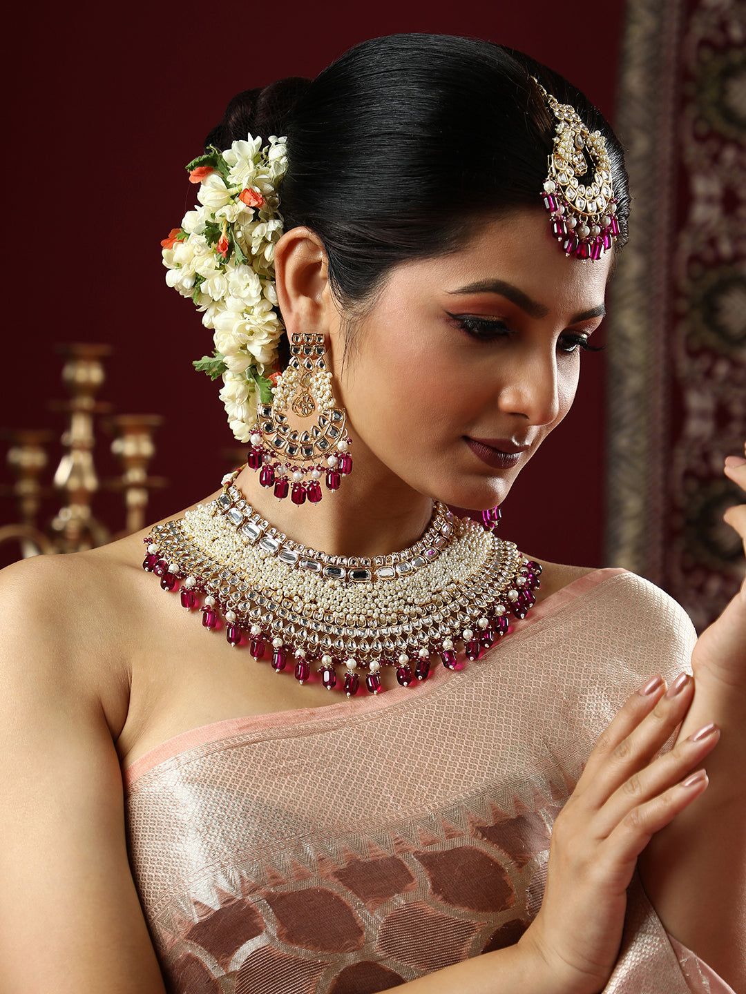 The Naila Jewellery Set - Magenta Pink-SOHNCK1543