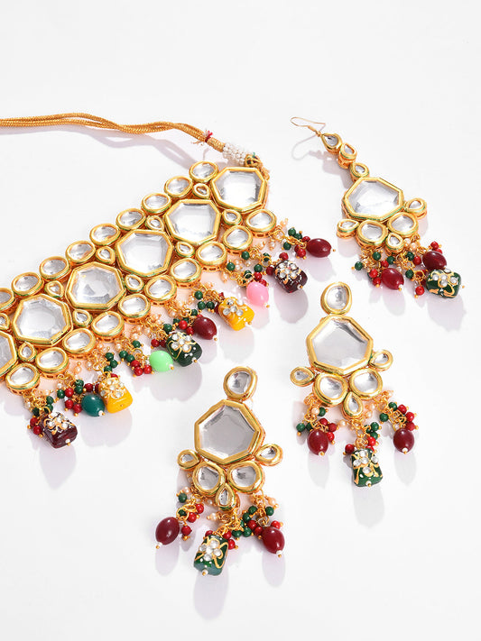 Gold Plated Designer Kundan Necklace, Earrings and Maang Tikka Set