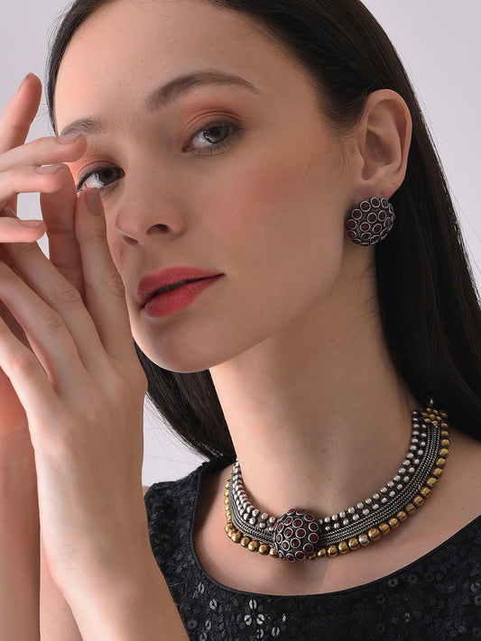 Silver Plated Designer Stone Necklace and Earring Set