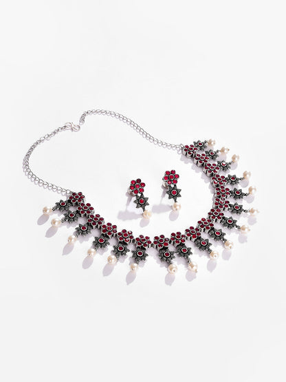 Silver Plated Designer Stone Necklace and Earring Set