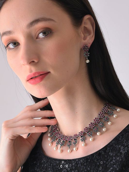 Silver Plated Designer Stone Necklace and Earring Set