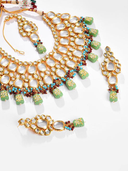 Gold Plated Kundan Beaded Necklace, Earrings and Maang Tikka Set