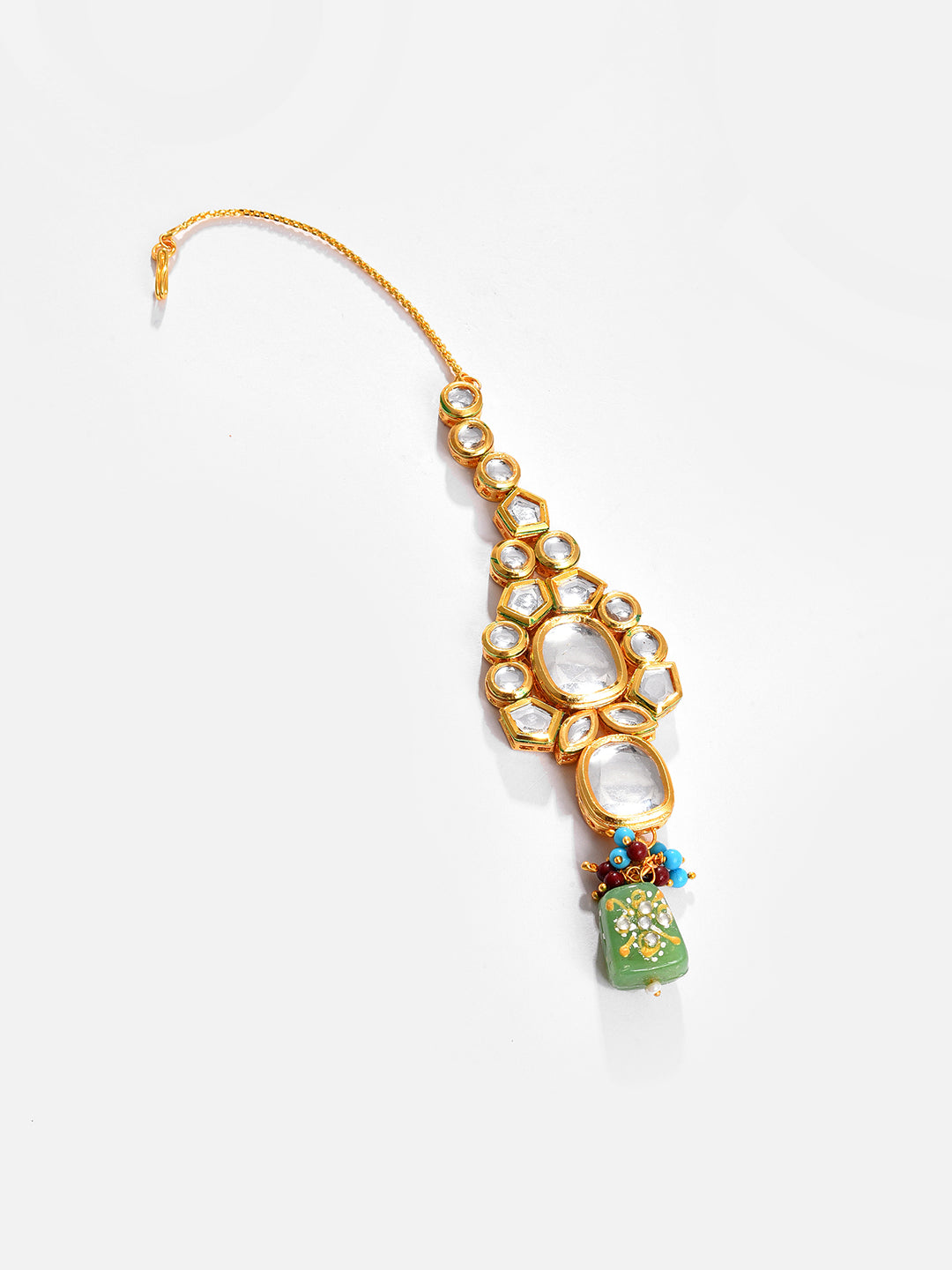 Gold Plated Kundan Beaded Necklace, Earrings and Maang Tikka Set