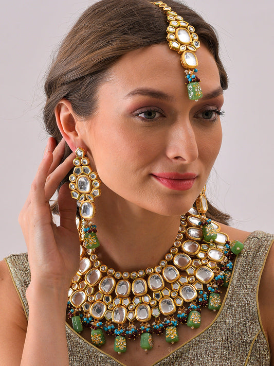 Gold Plated Kundan Beaded Necklace, Earrings and Maang Tikka Set