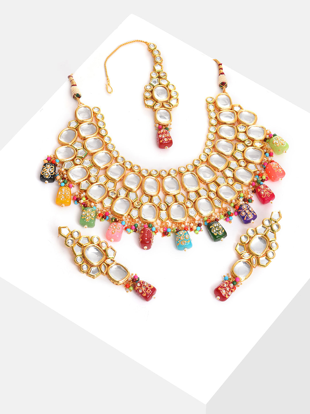 Gold Plated Kundan Beaded Necklace, Earrings and Maang Tikka Set