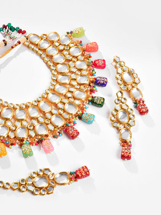 Gold Plated Kundan Beaded Necklace, Earrings and Maang Tikka Set