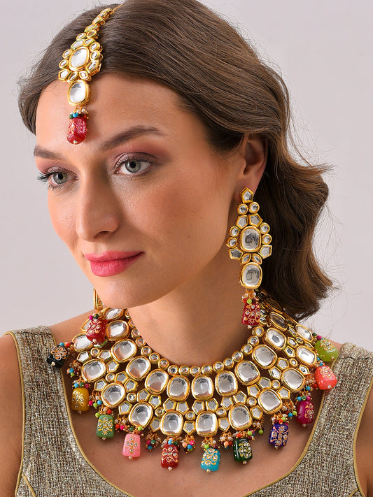 Gold Plated Kundan Beaded Necklace, Earrings and Maang Tikka Set