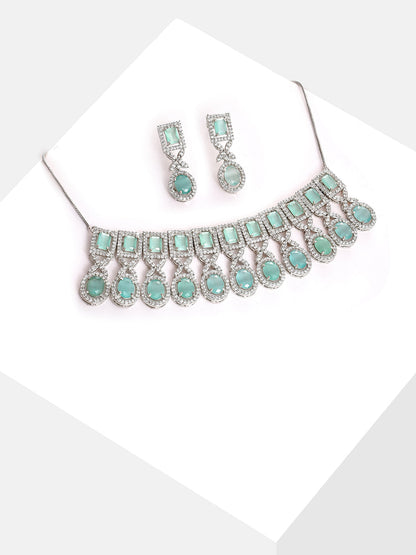 Silver Plated Designer Stone Necklace and Earring Set