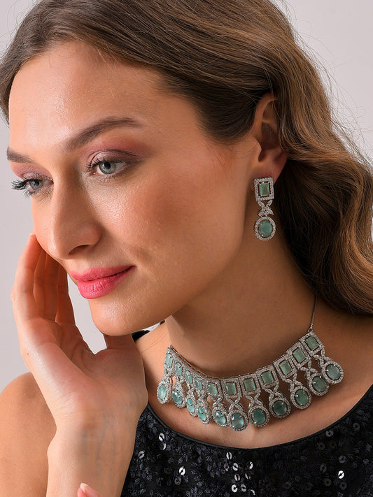 Silver Plated Designer Stone Necklace and Earring Set