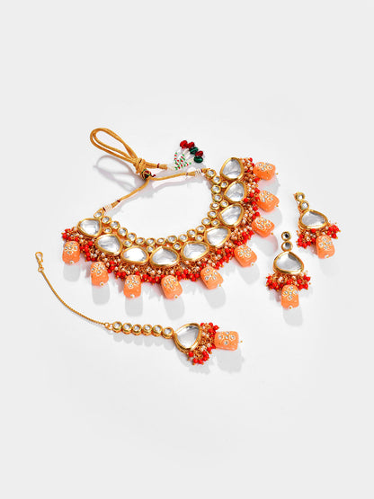 Gold Plated Kundan Beaded Necklace, Earrings and Maang Tikka Set