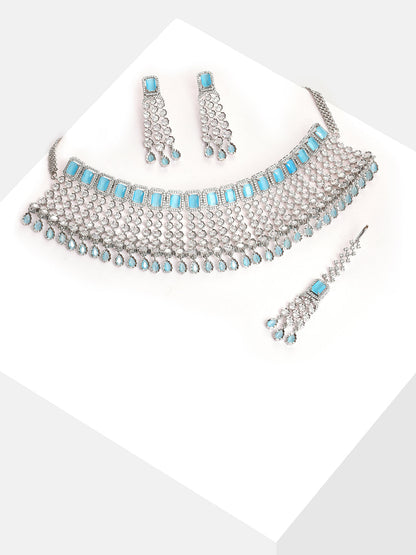 Silver Plated Designer Stone Necklace, Earrings and Maang Tikka Set
