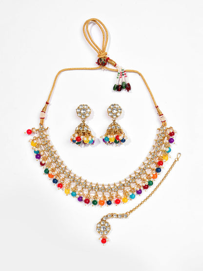 Gold Plated Designer Stone Beaded Necklace, Earrings and Maang Tikka Set