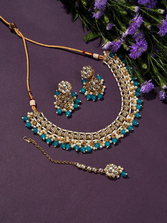 Gold Plated Designer Stone Beaded Necklace, Earrings and Maang Tikka Set