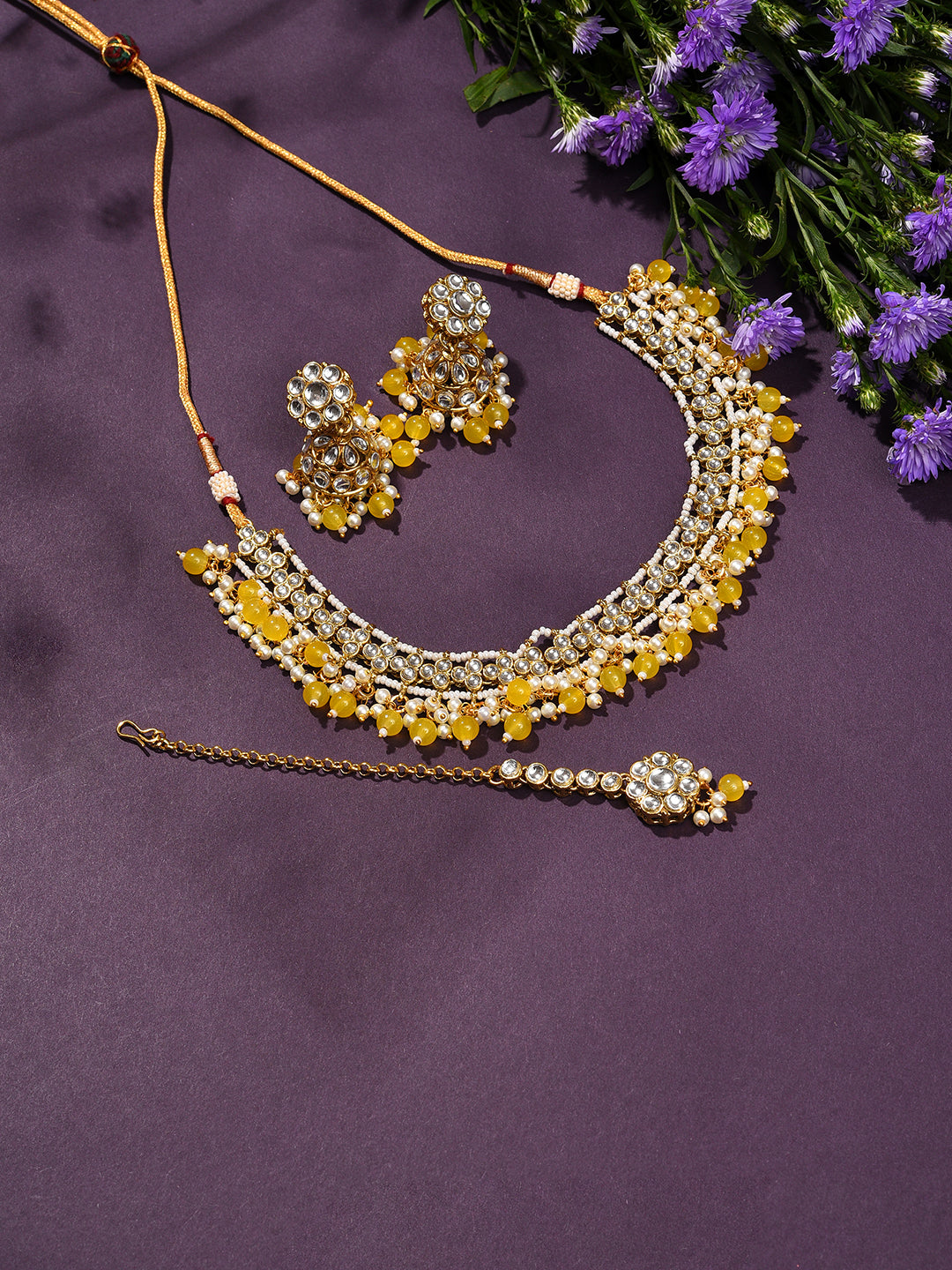 Gold Plated Designer Stone Beaded Necklace, Earrings and Maang Tikka Set