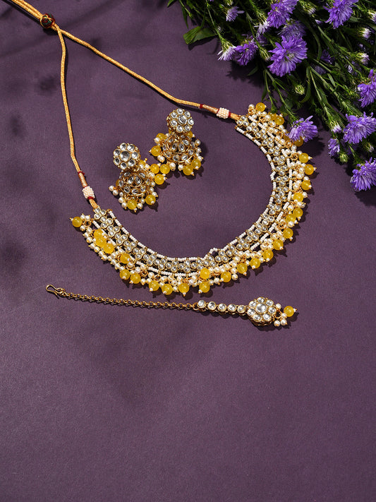 Gold Plated Designer Stone Beaded Necklace, Earrings and Maang Tikka Set