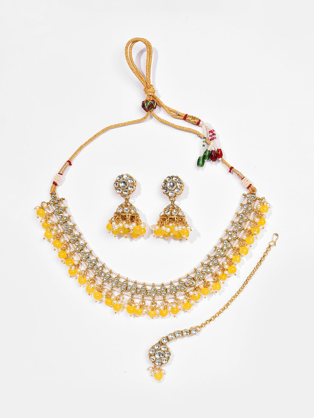 Gold Plated Designer Stone Beaded Necklace, Earrings and Maang Tikka Set