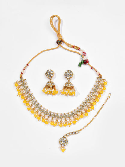 Gold Plated Designer Stone Beaded Necklace, Earrings and Maang Tikka Set