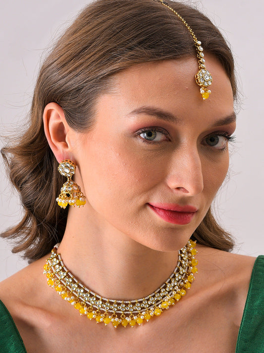 Gold Plated Designer Stone Beaded Necklace, Earrings and Maang Tikka Set