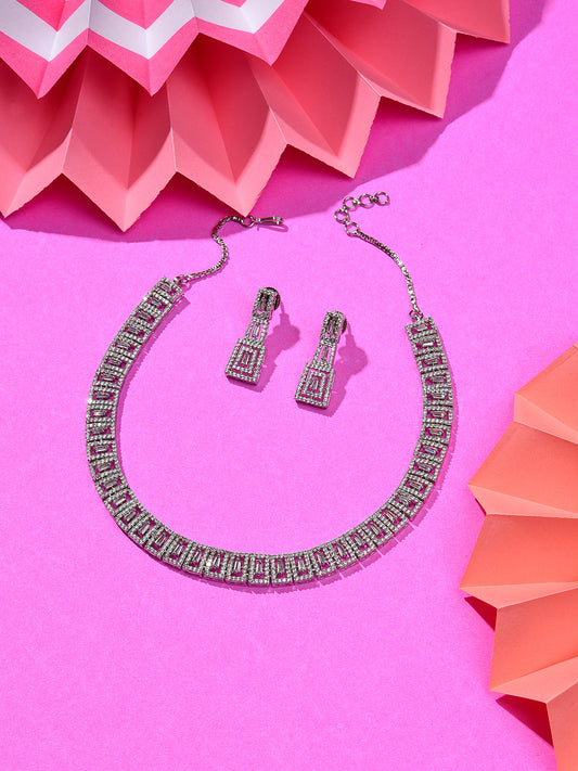 Silver Plated Designer Stone Necklace and Earring Set