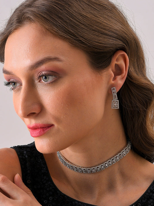 Silver Plated Designer Stone Necklace and Earring Set