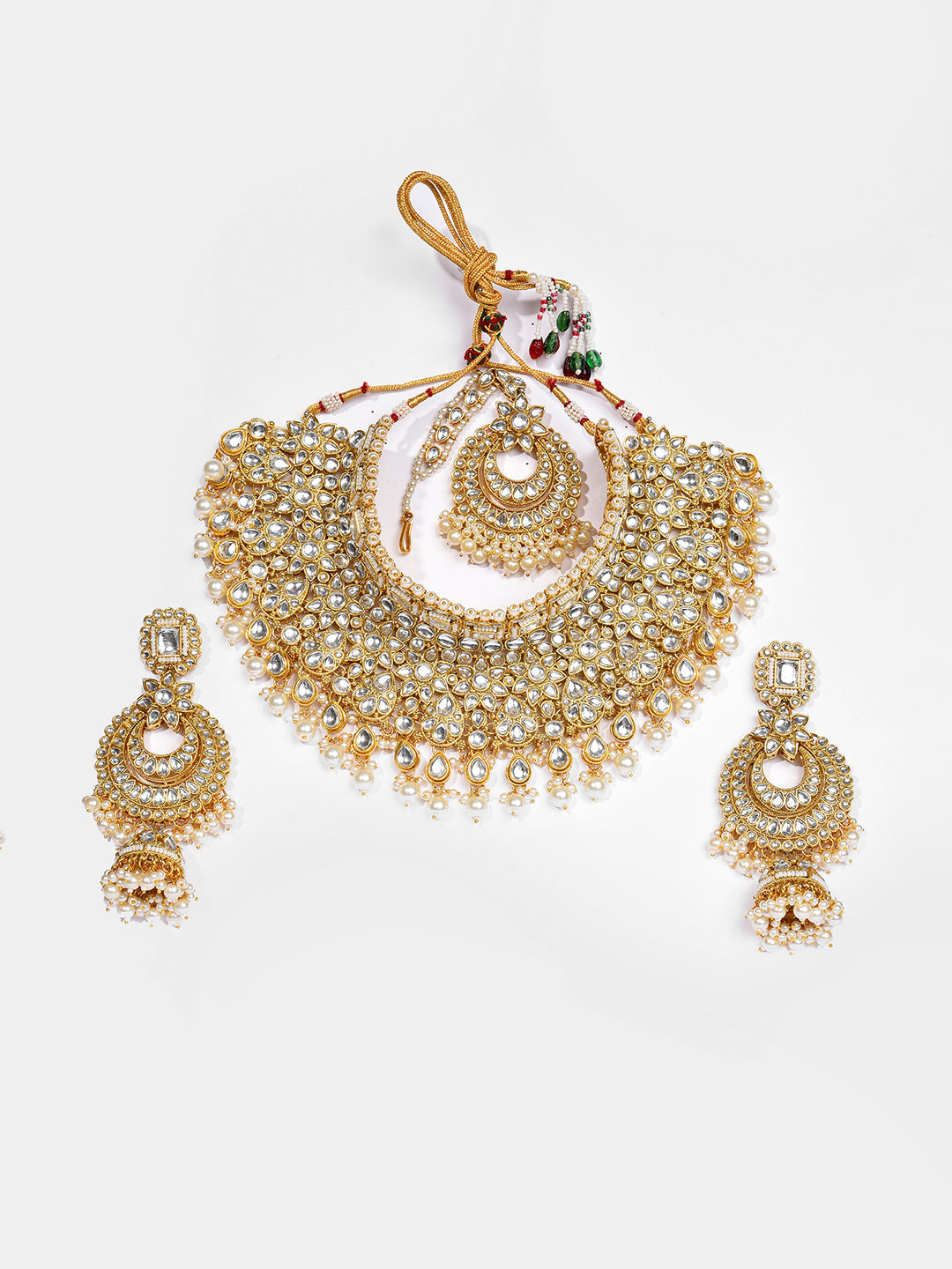 Gold Plated Designer Stone Beaded Necklace, Earrings and Maang Tikka Set