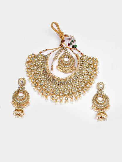 Gold Plated Designer Stone Beaded Necklace, Earrings and Maang Tikka Set