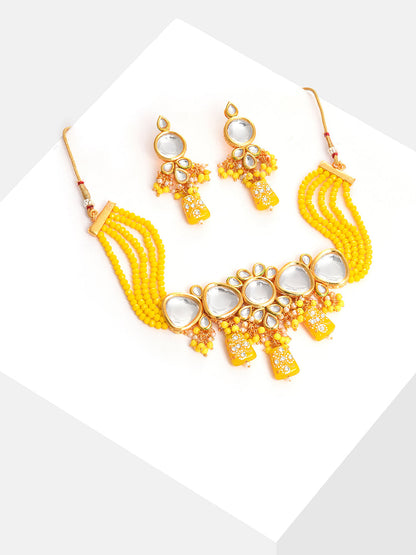 Gold Plated Kundan Beaded Necklace and Earring Set
