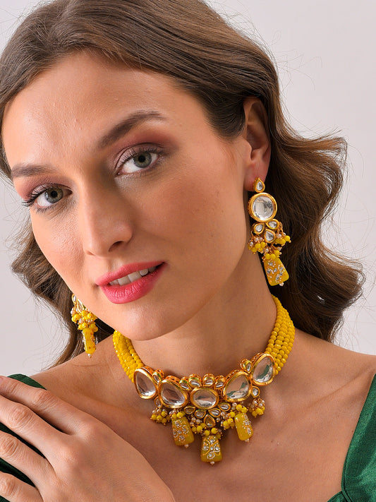 Gold Plated Kundan Beaded Necklace and Earring Set