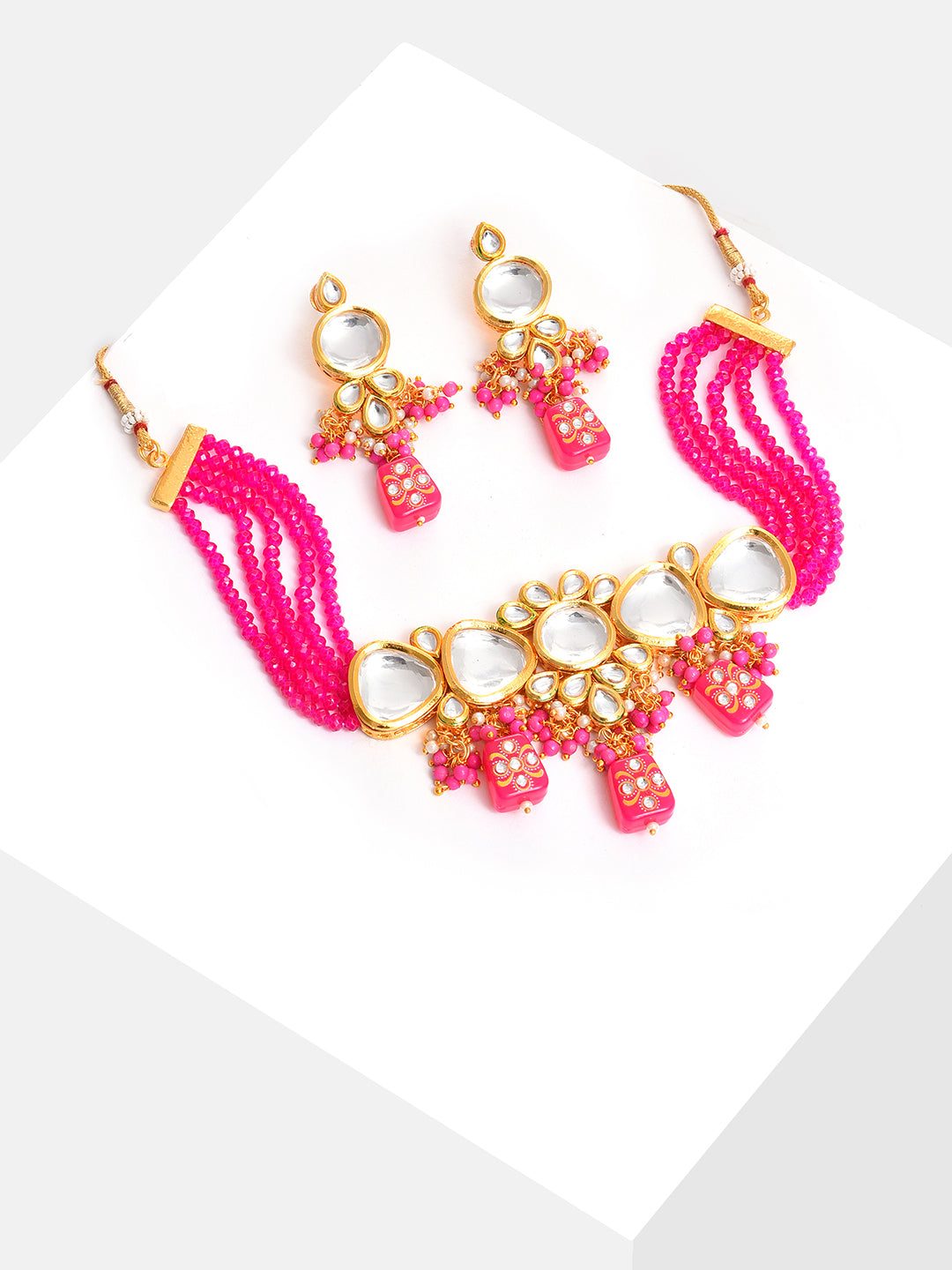 Gold Plated Kundan Beaded Necklace and Earring Set