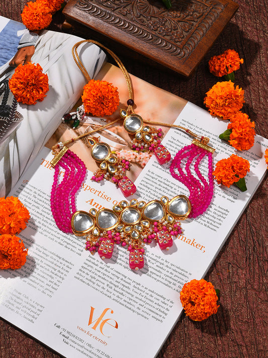 Gold Plated Kundan Beaded Necklace and Earring Set