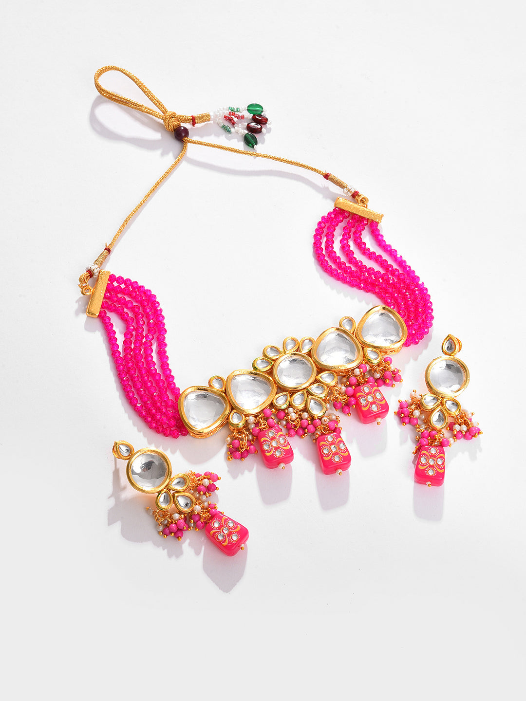 Gold Plated Kundan Beaded Necklace and Earring Set