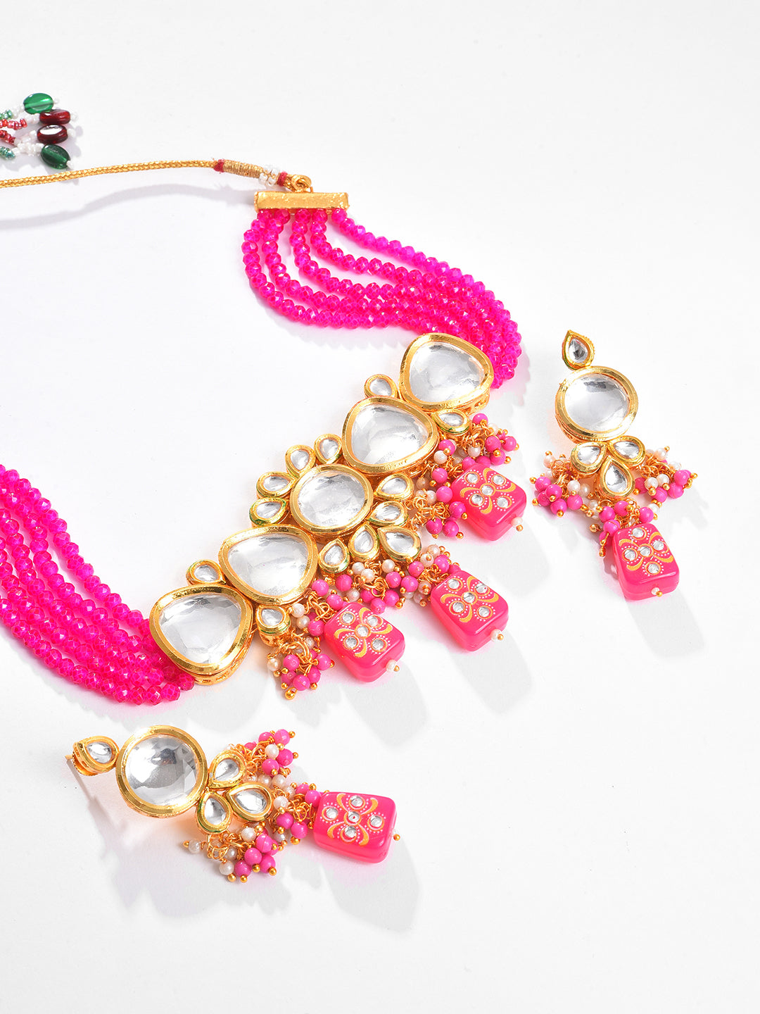 Gold Plated Kundan Beaded Necklace and Earring Set