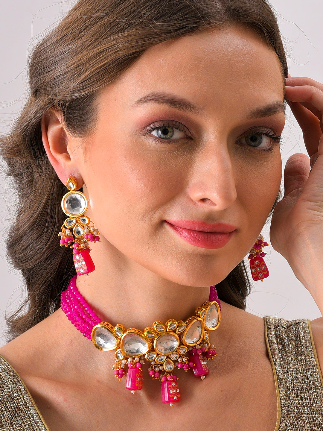 Gold Plated Kundan Beaded Necklace and Earring Set