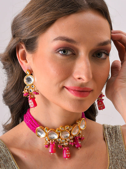 Gold Plated Kundan Beaded Necklace and Earring Set