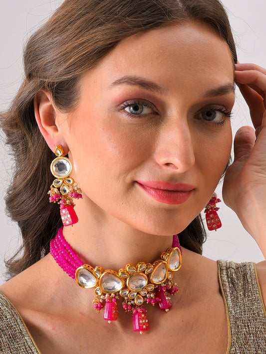 Gold Plated Kundan Beaded Necklace and Earring Set