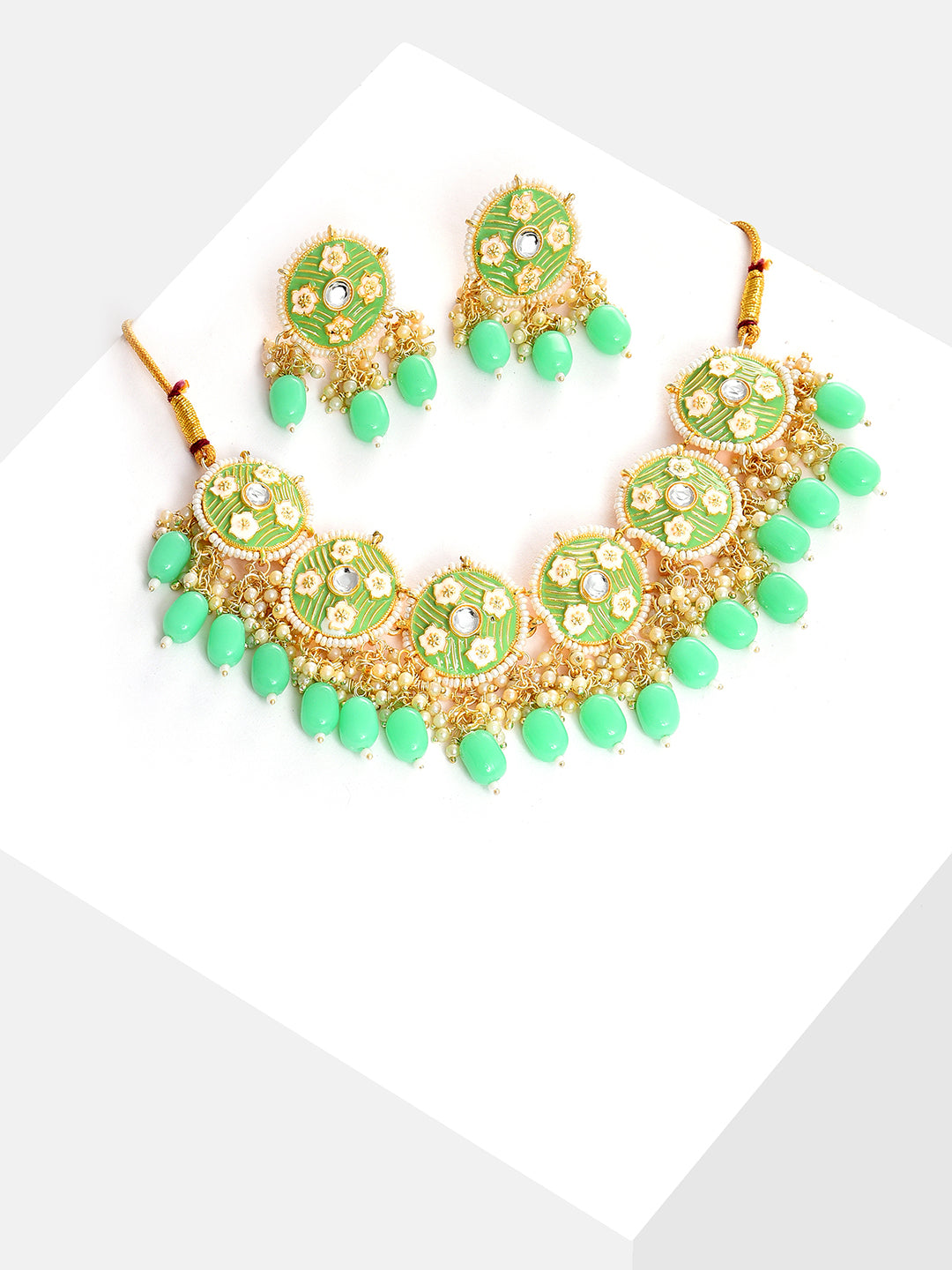 Gold Plated Designer Stone Beaded Necklace and Earring Set