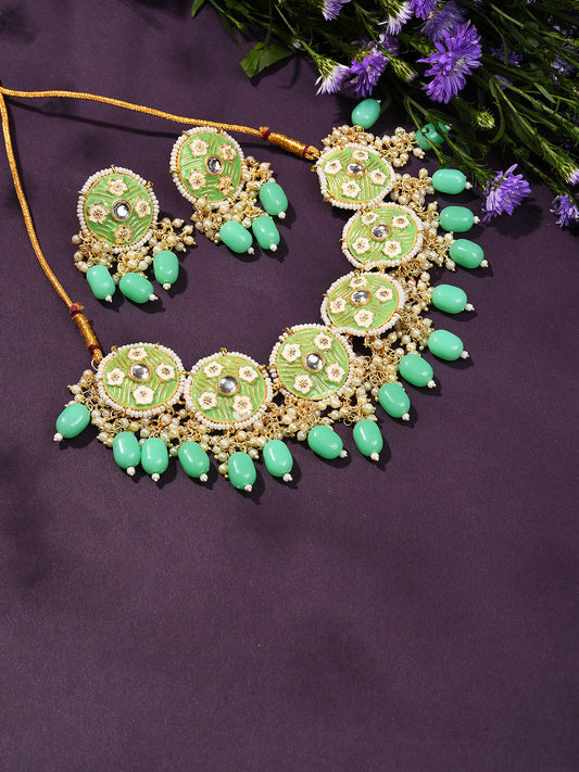 Gold Plated Designer Stone Beaded Necklace and Earring Set