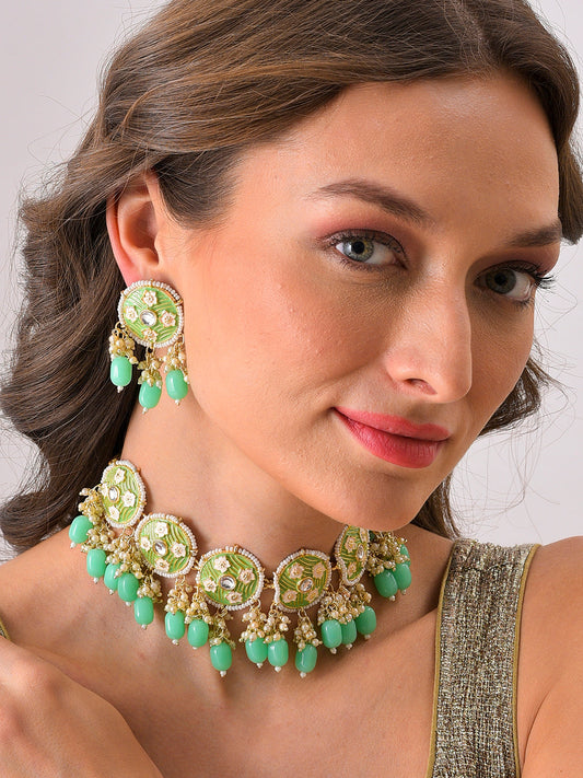 Gold Plated Designer Stone Beaded Necklace and Earring Set